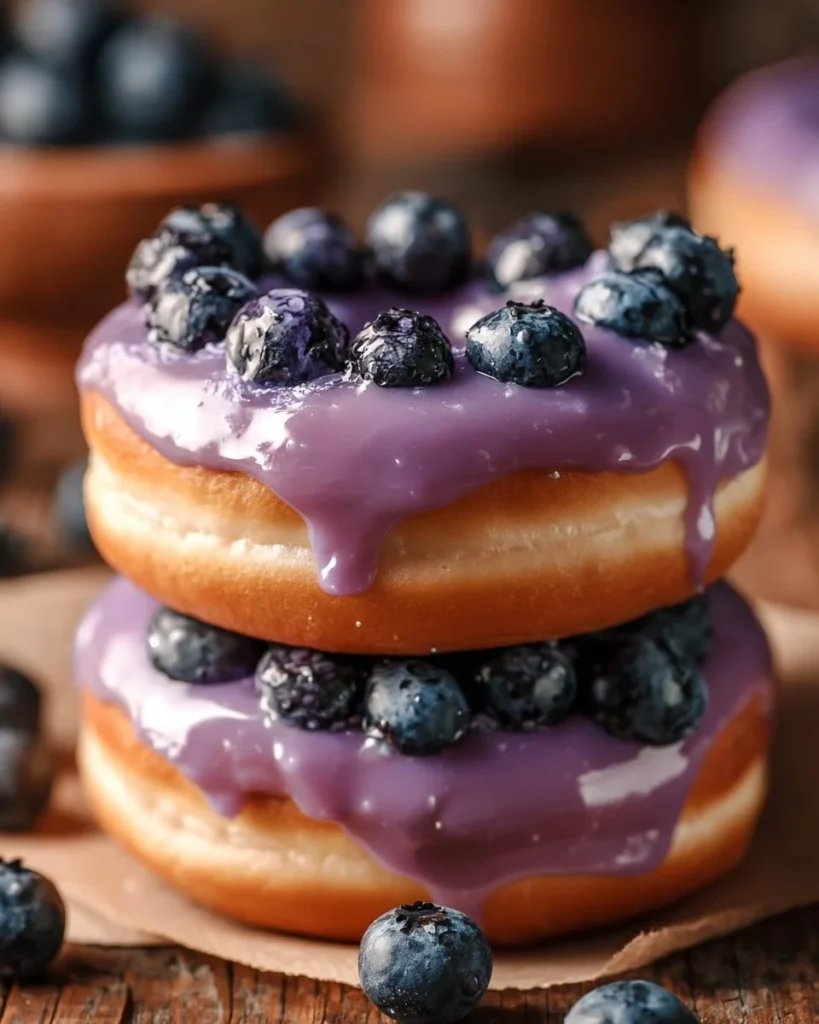 Delicious homemade blueberry cake donuts garnished with fresh blueberries.