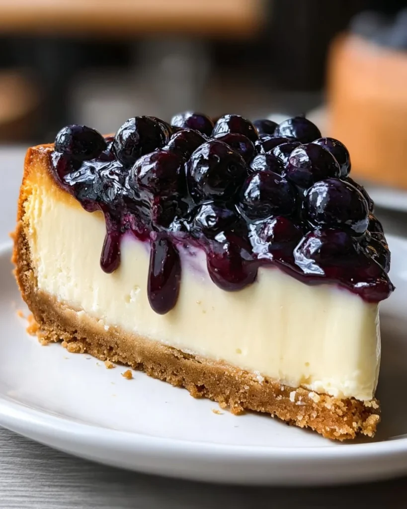 A delicious slice of blueberry cheesecake topped with fresh blueberries.