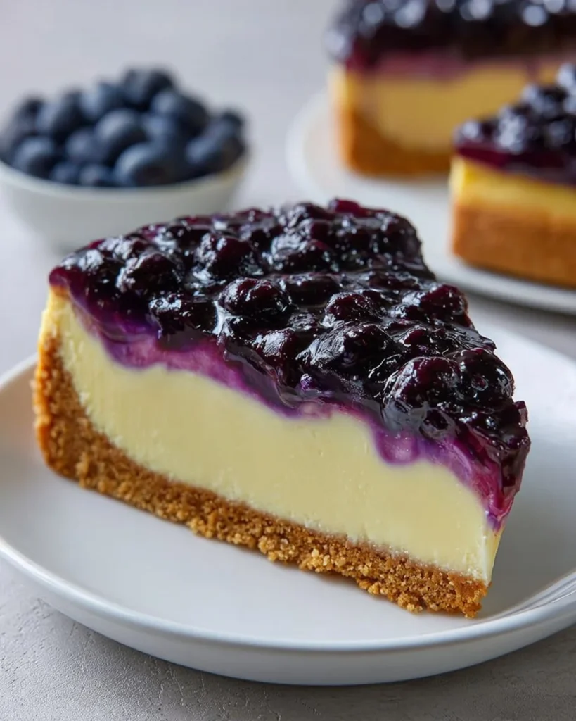 Delicious blueberry cheesecake topped with fresh blueberries