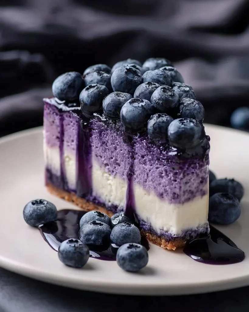 Delicious blueberry cheesecake slice on a plate with fresh blueberries