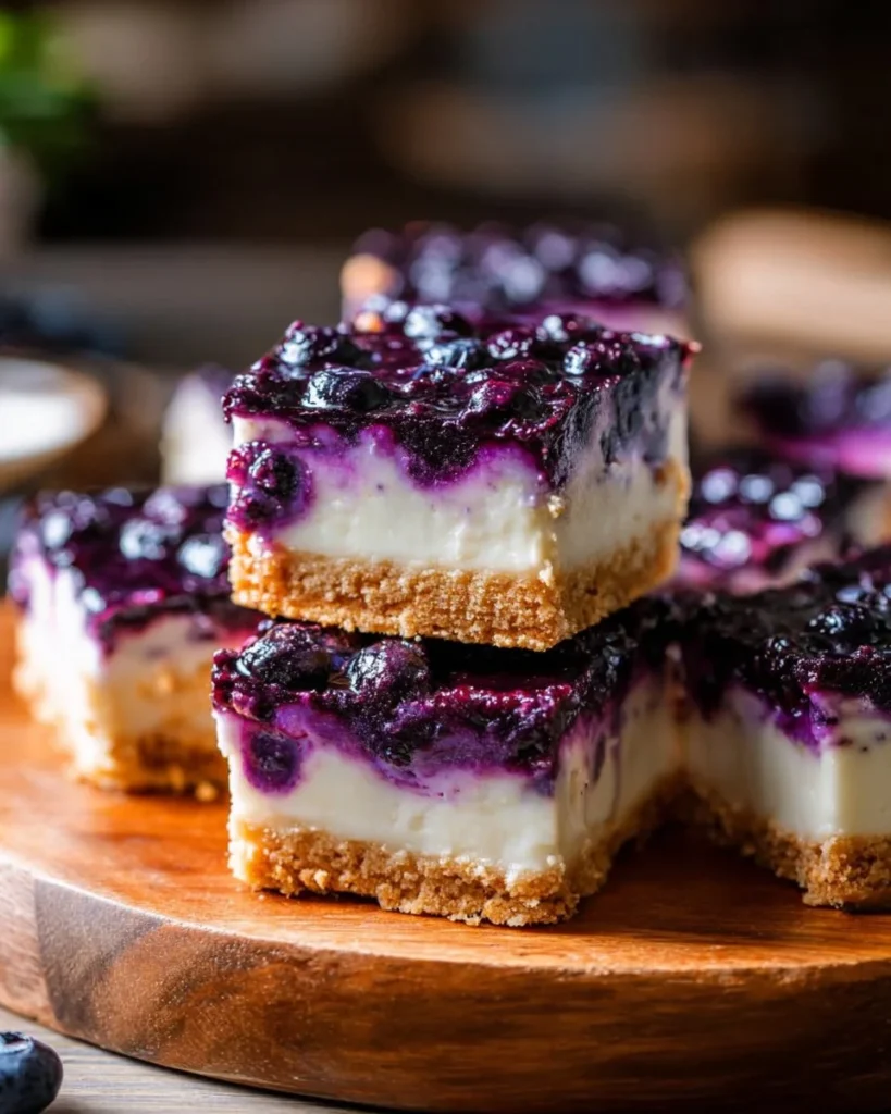 Delicious blueberry cheesecake bars topped with fresh blueberries and a creamy layer.