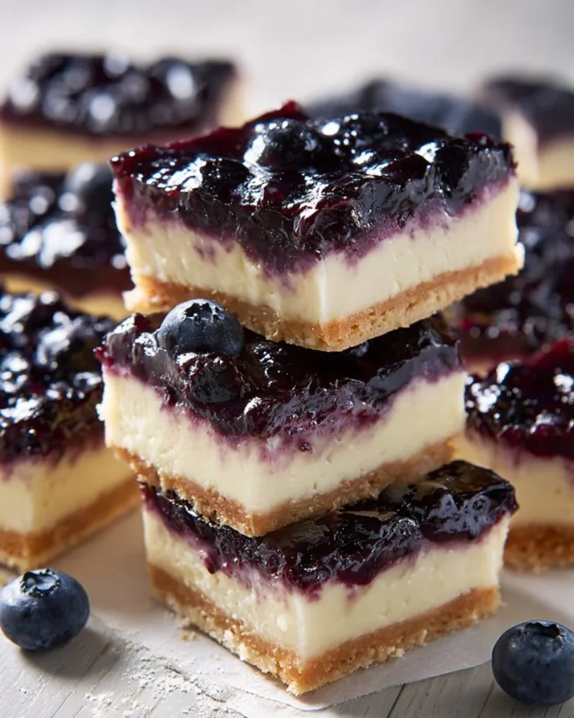 Delicious blueberry cheesecake bars with fresh blueberries and creamy filling