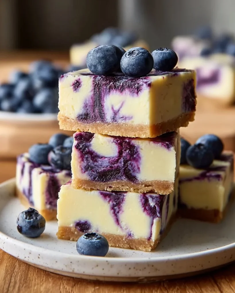 Blueberry cheesecake bars topped with fresh blueberries on a white plate
