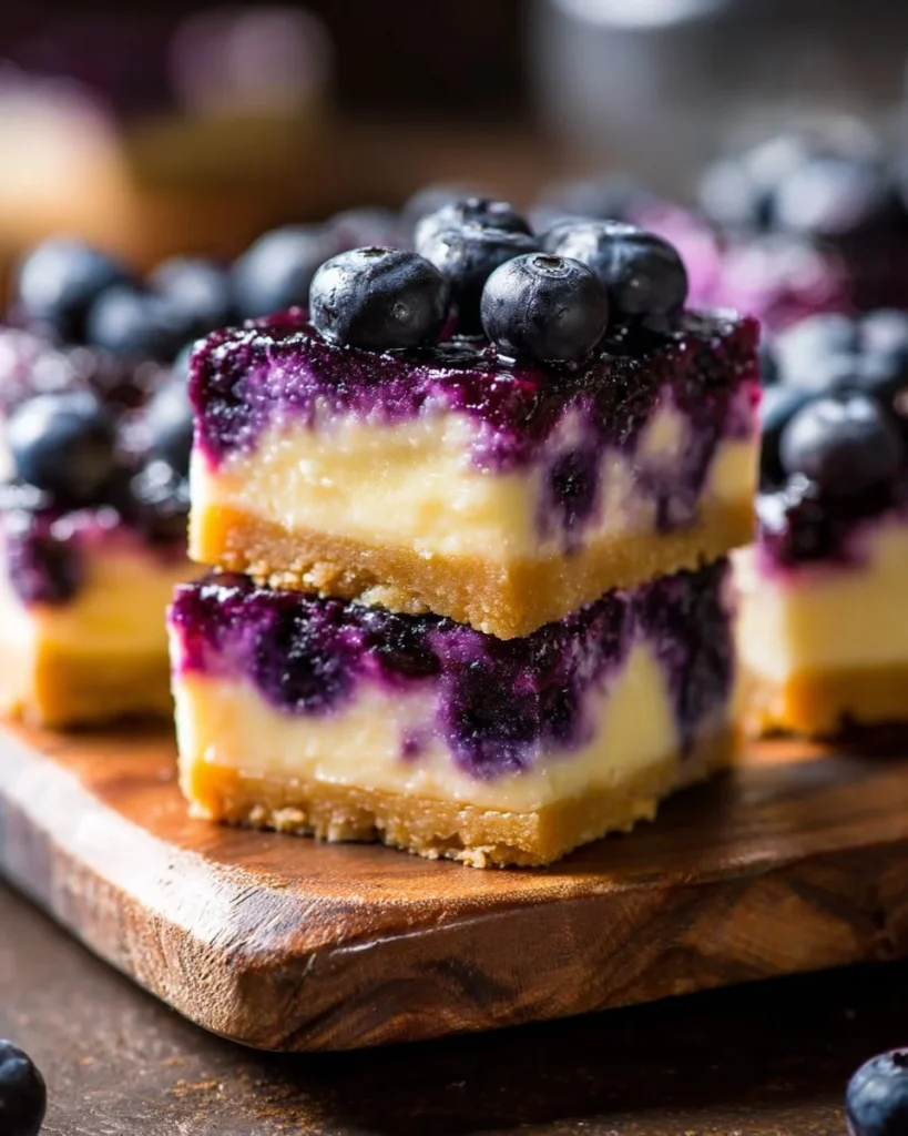 Delicious blueberry cheesecake bars with creamy topping and fresh blueberries on top