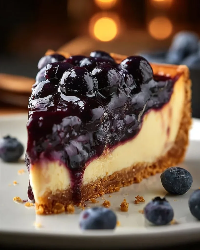 Blueberry cheesecake cookie pie on a white plate with blueberries