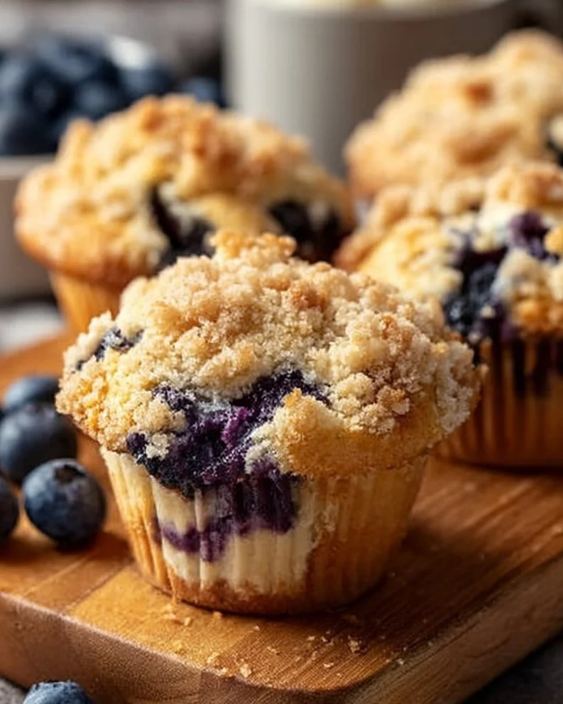 Delicious Blueberry Cheesecake Muffins topped with a crunchy crumble