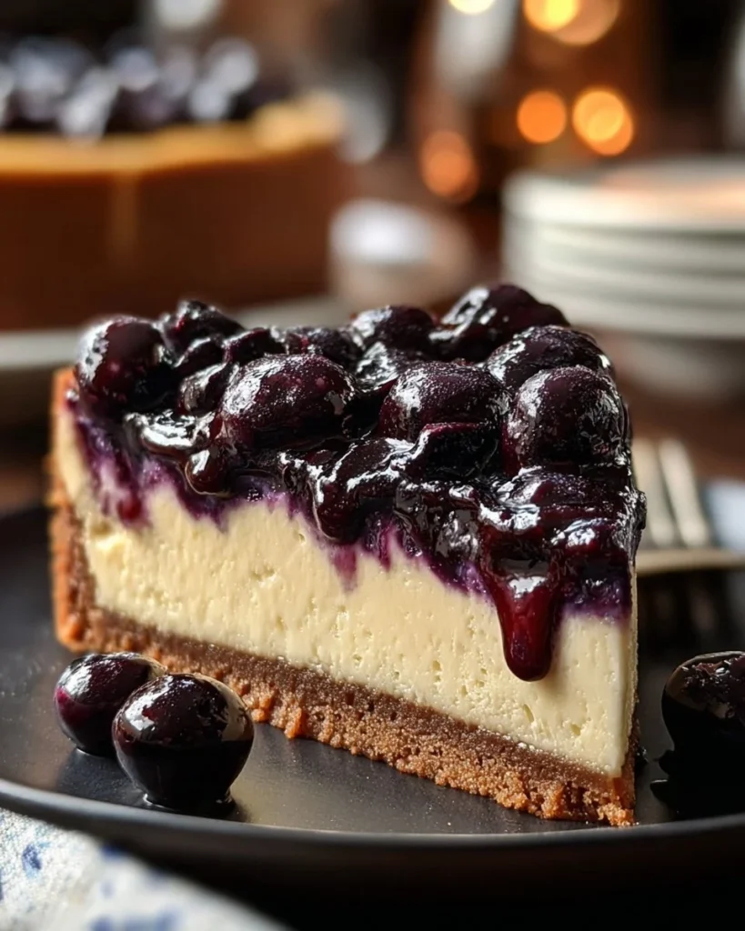 Delicious gluten-free Blueberry Cheesecake topped with fresh blueberries.