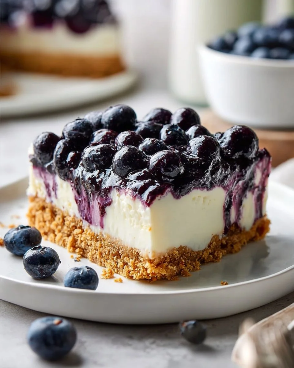 Delicious Blueberry Cheesecake Icebox Cake served on a plate with blueberries