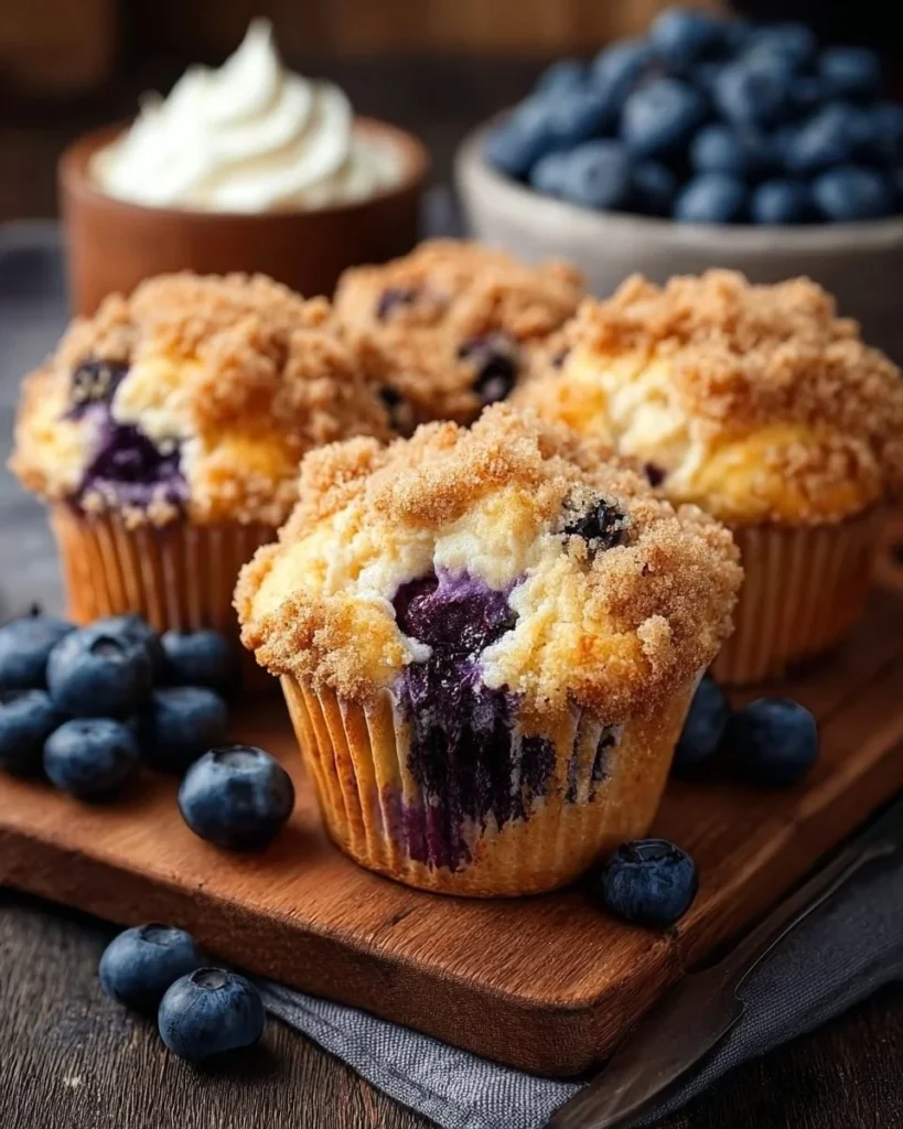 Freshly baked blueberry cheesecake muffins with a creamy filling.
