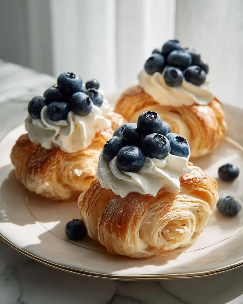 Blueberry cheesecake puff pastries with fresh blueberries on top.