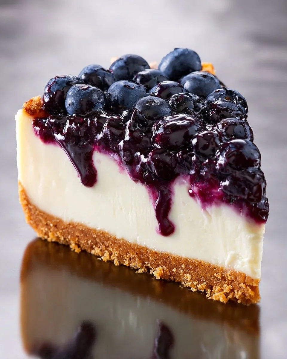 Delicious homemade blueberry cheesecake topped with fresh blueberries.