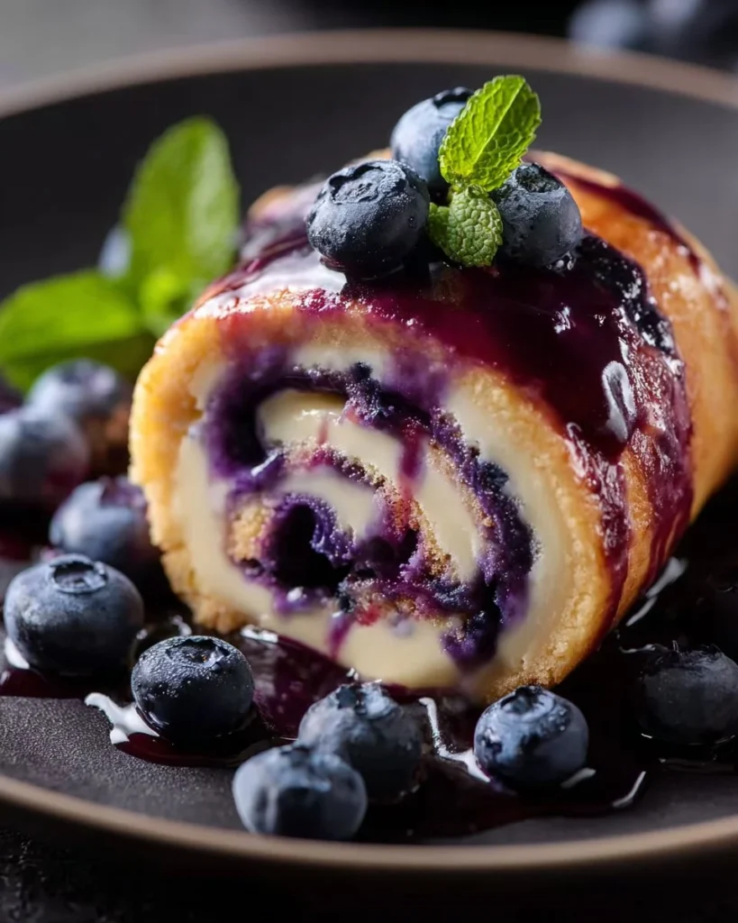 Blueberry cheesecake rolls with fresh blueberries and creamy filling