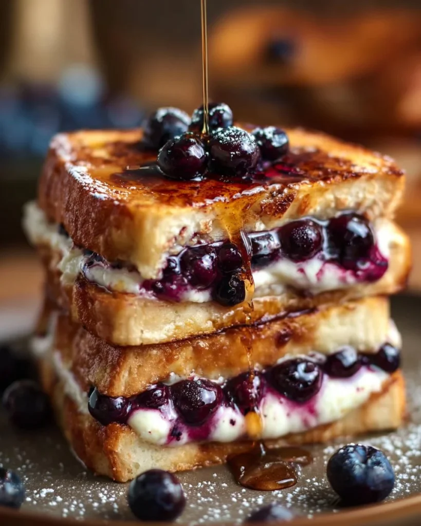 Blueberry cheesecake stuffed French toast topped with fresh blueberries and syrup.