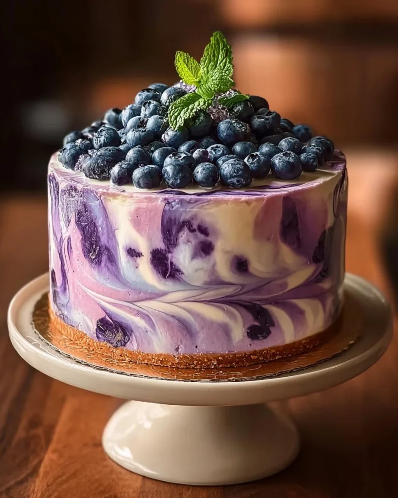 Delicious blueberry cheesecake swirl cake with fresh blueberries on top