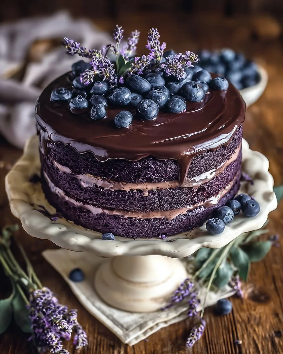 Slice of Blueberry Chocolate Lavender Cake on a plate with blueberries and lavender sprigs