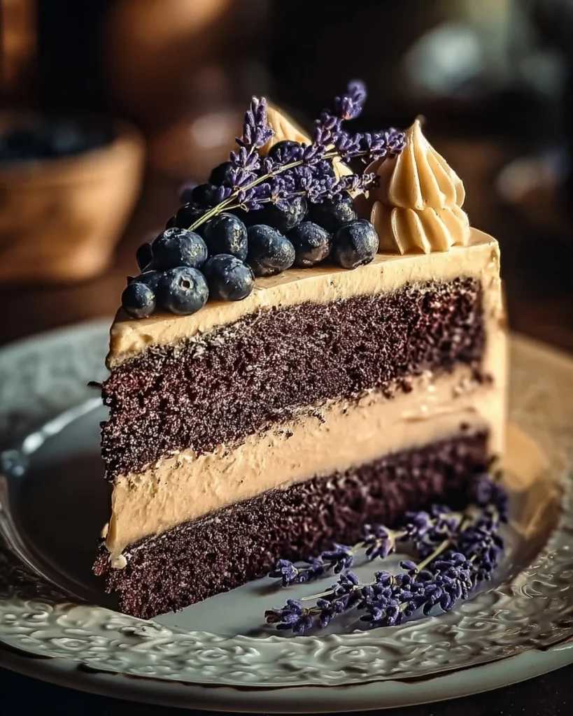 Blueberry Chocolate Lavender Dream Cake topped with fresh blueberries and lavender.