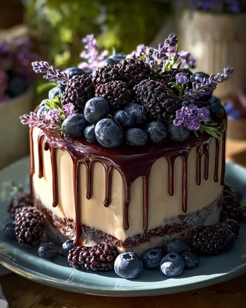 Blueberry Chocolate Lavender Cake with rich chocolate layers and fresh blueberries