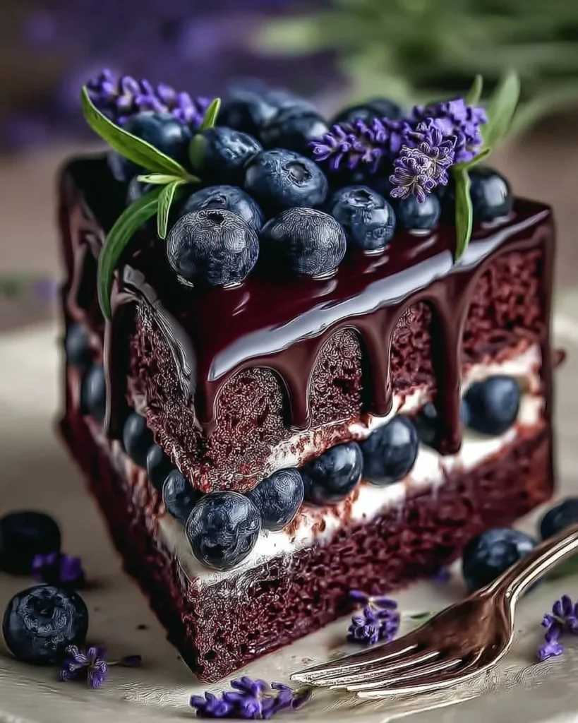 Delicious Blueberry Chocolate Lavender Dream Cake with fresh blueberries and chocolate
