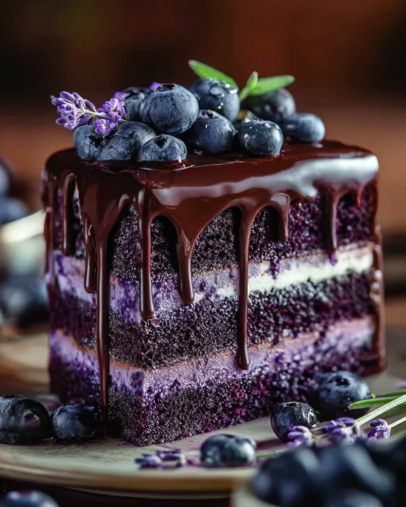 Blueberry Chocolate Lavender Dream Cake with fresh blueberries and lavender decorations.