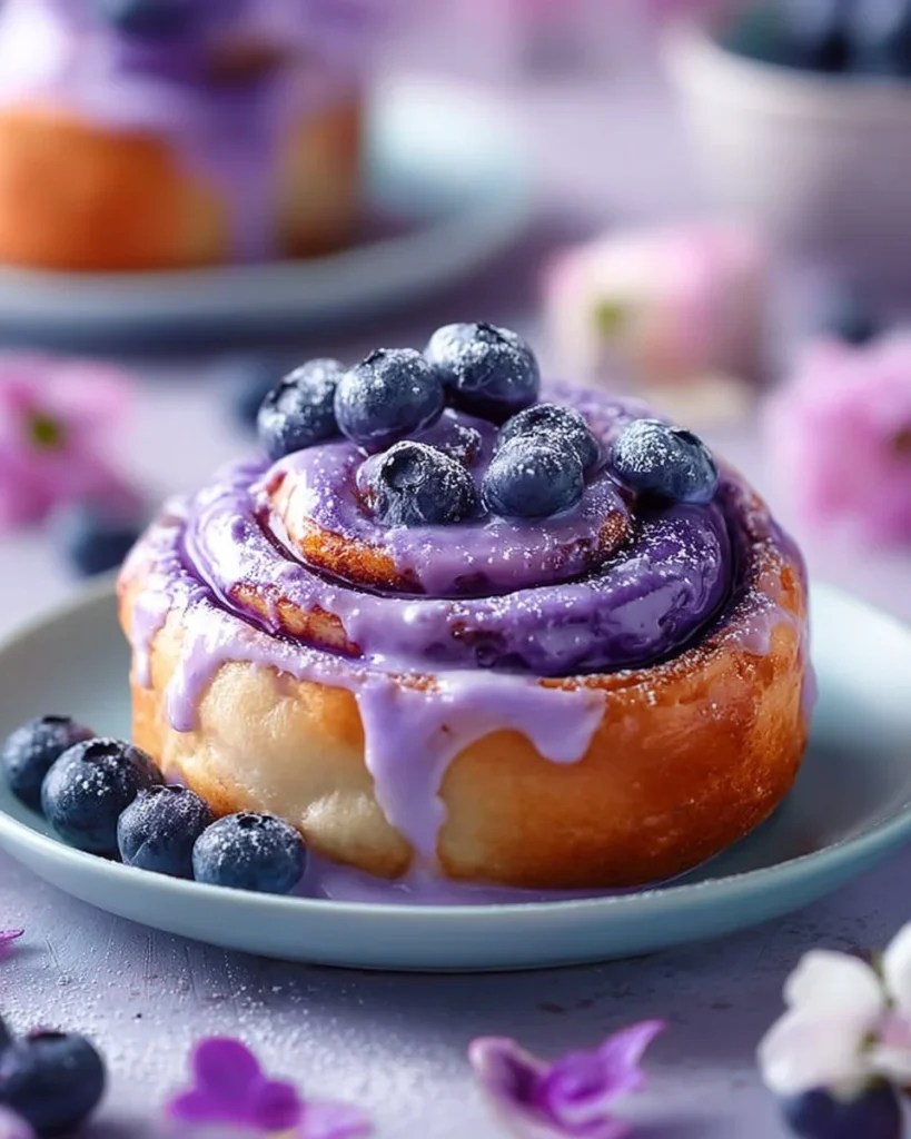 Freshly baked blueberry cinnamon rolls drizzled with icing
