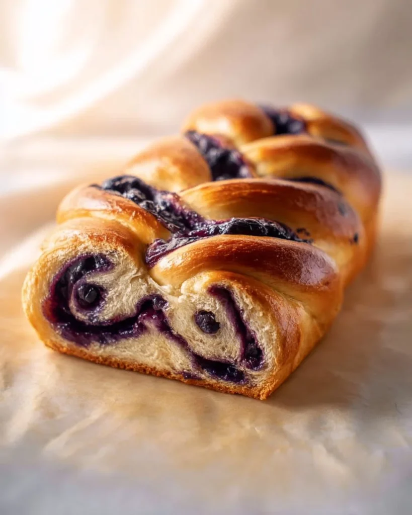 Delicious Blueberry Cream Cheese Babka on a wooden table, ready to enjoy.