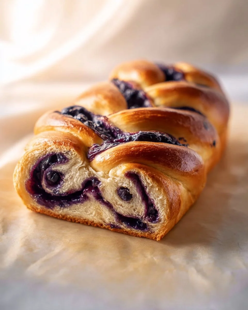 Delicious Blueberry Cream Cheese Babka on a wooden table, ready to enjoy.