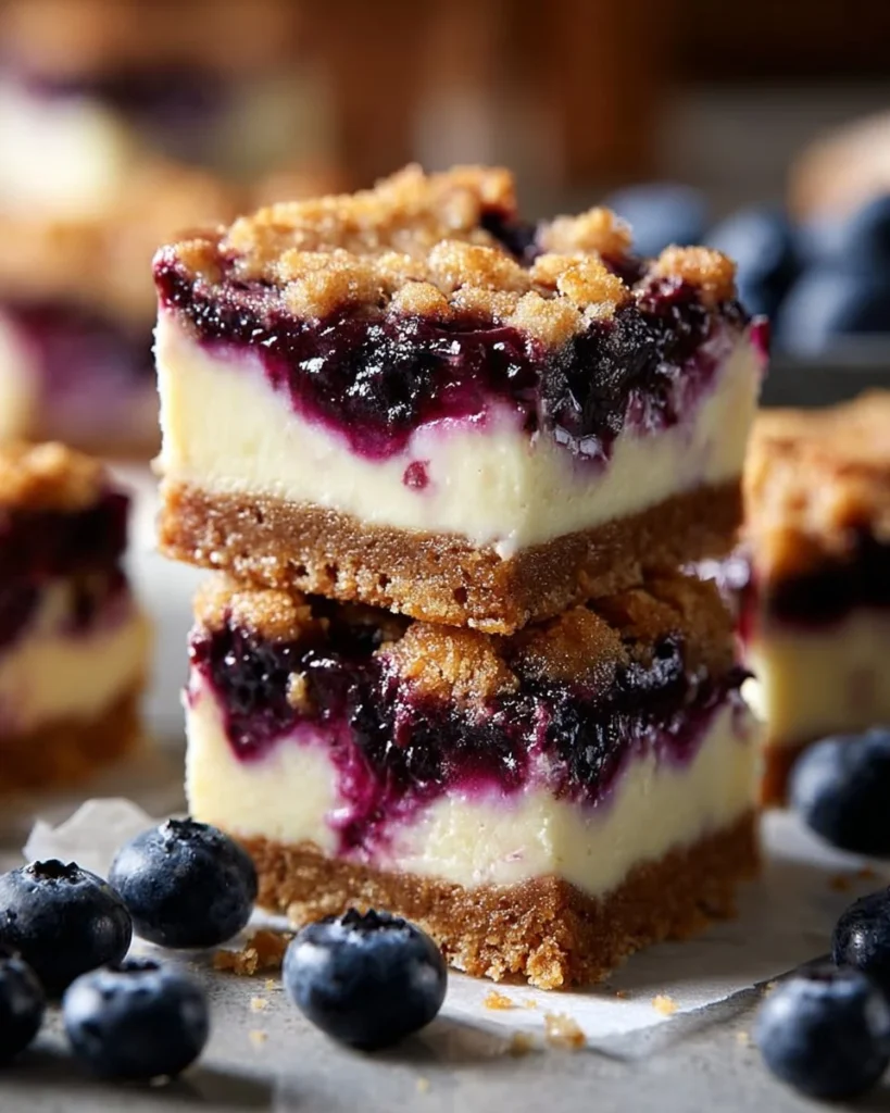 Delicious blueberry cream cheese bars on a plate with fresh blueberries