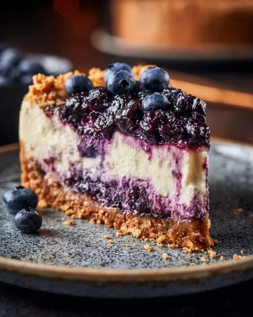 Slice of blueberry crumble cheesecake topped with fresh blueberries and crumble topping