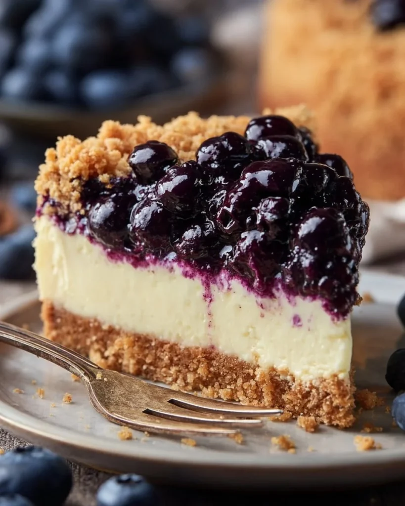 Delicious Blueberry Crumble Cheesecake topped with fresh blueberries