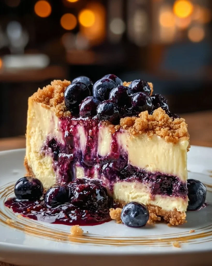 Delicious slice of blueberry crumble cheesecake with a crumble topping