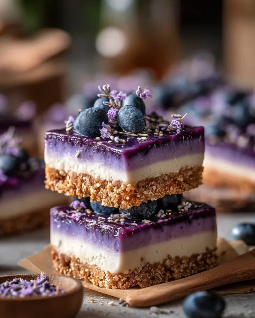 Blueberry lavender cheesecake bars topped with fresh blueberries and lavender sprigs