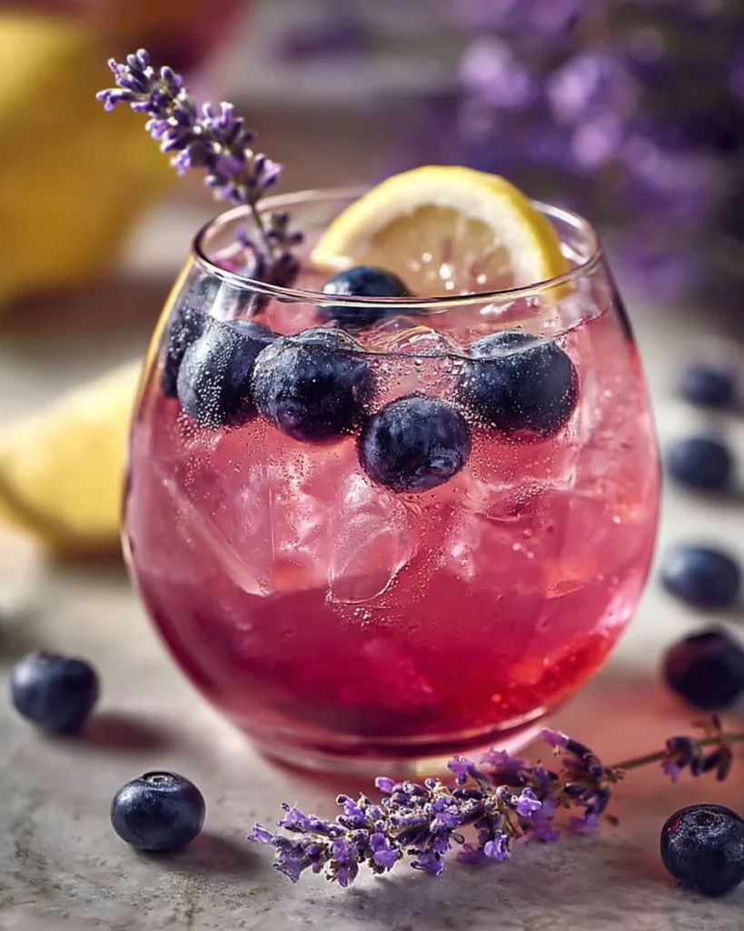 Glass of Blueberry Lavender Lemonade garnished with lavender and blueberries