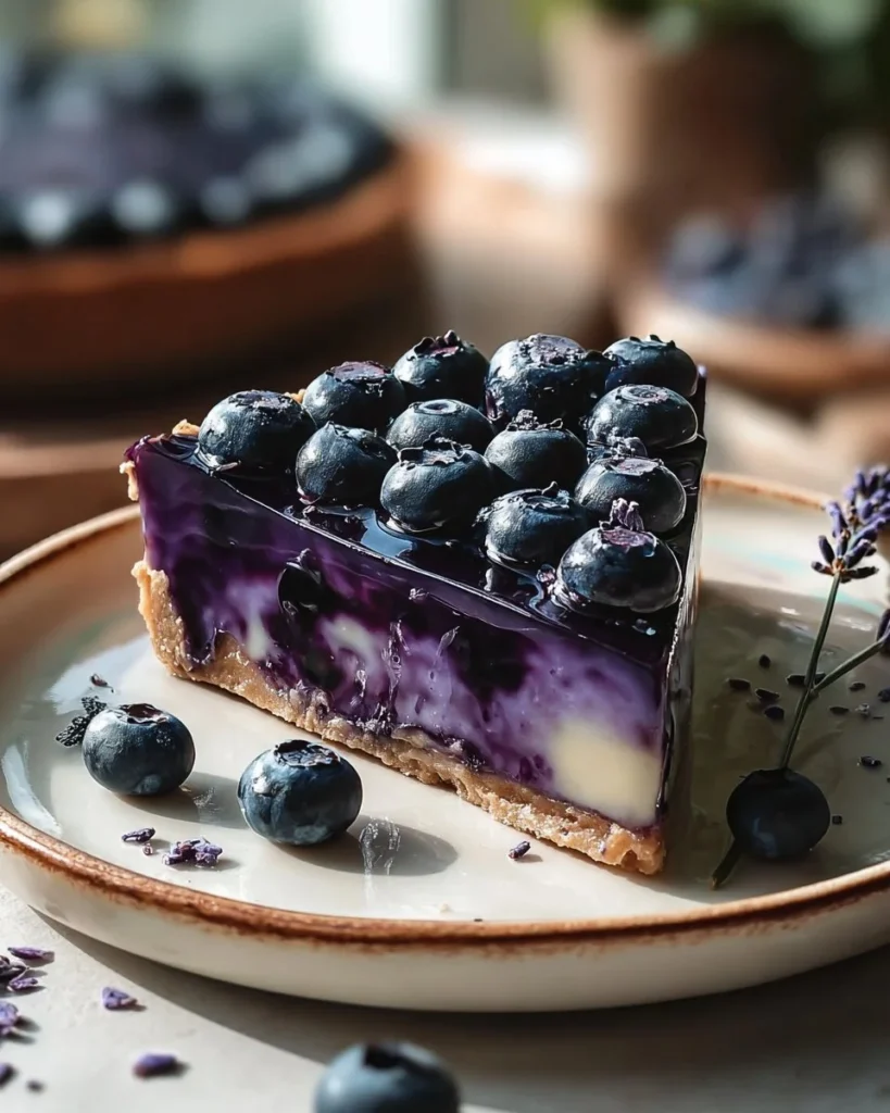 Blueberry Lavender White Chocolate Tart slice on a plate garnished with lavender flowers