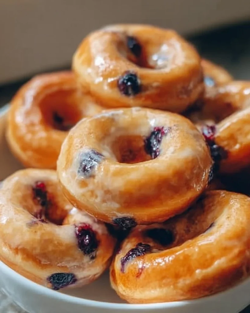 Fluffy blueberry lemon donuts garnished with lemon zest and fresh blueberries