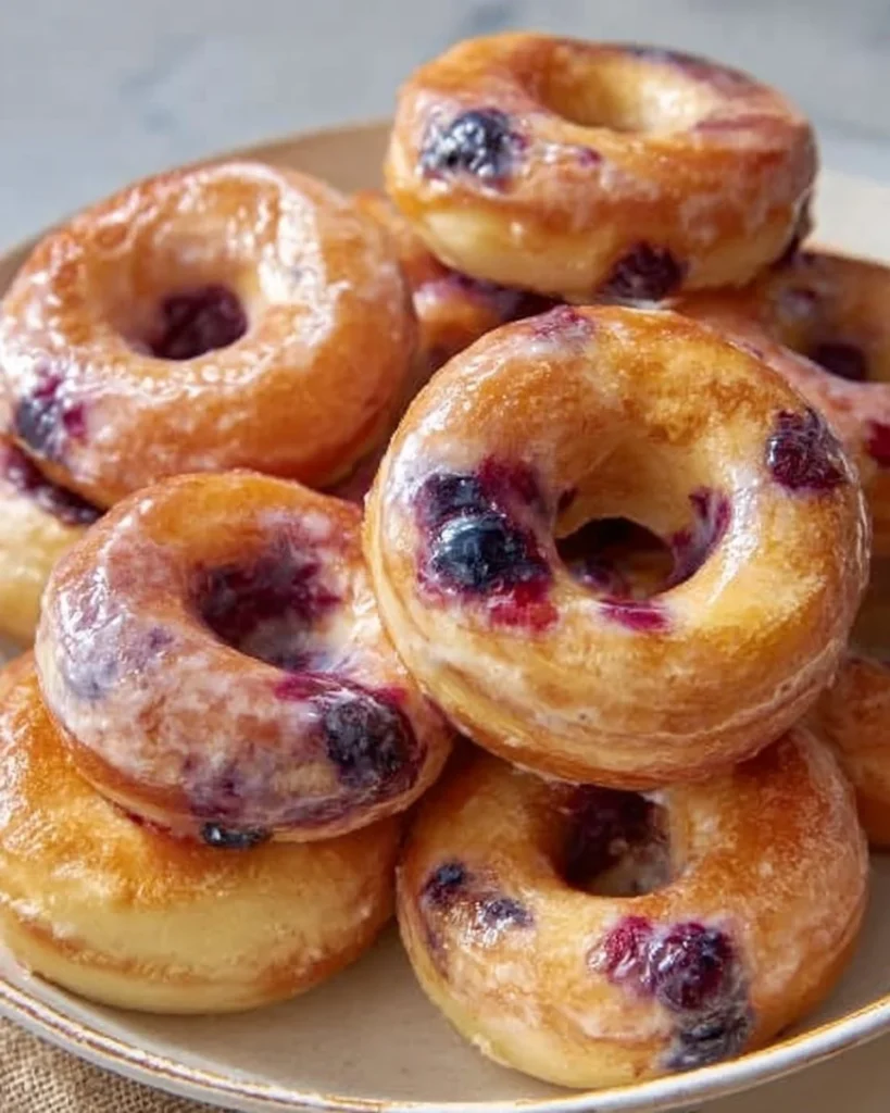 Freshly baked blueberry lemon donuts with a lemon glaze