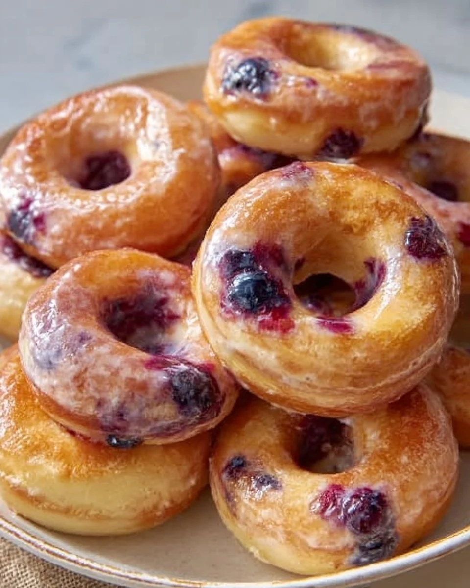 Freshly baked blueberry lemon donuts with a lemon glaze