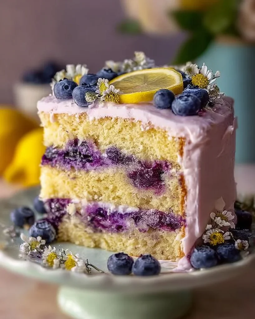 Delicious blueberry lemonade buttermilk cake with fresh blueberries and lemon glaze