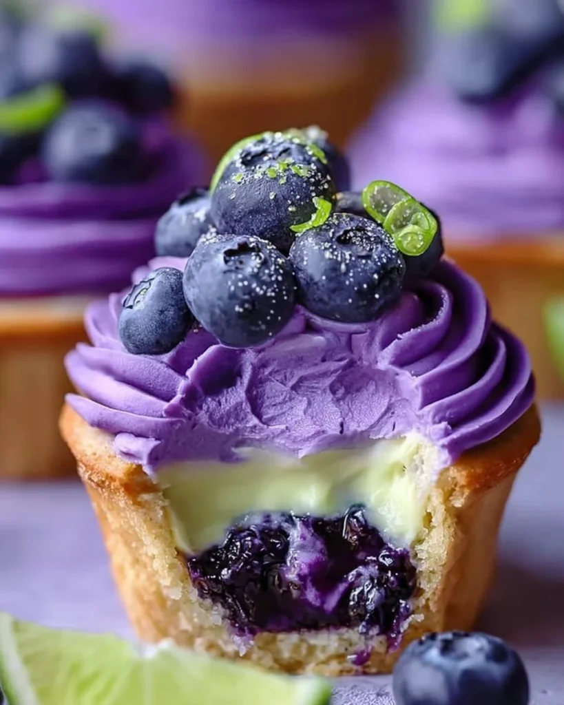 Blueberry lime cheesecake cupcakes decorated with fresh blueberries and lime zest