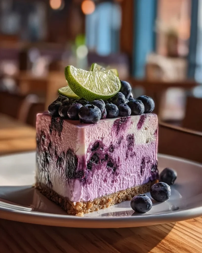 Blueberry Lime Swirl Cheesecake with vibrant blueberries and lime topping
