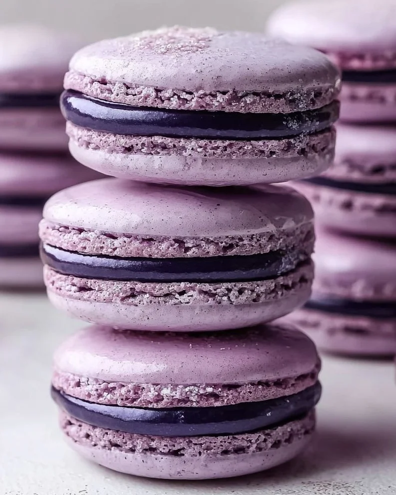 Blueberry macarons on a white plate, showcasing vibrant color and smooth texture