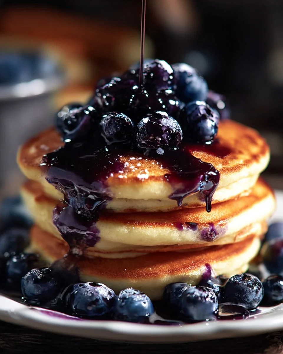 Fluffy blueberry pancakes stacked with fresh blueberries and syrup on top