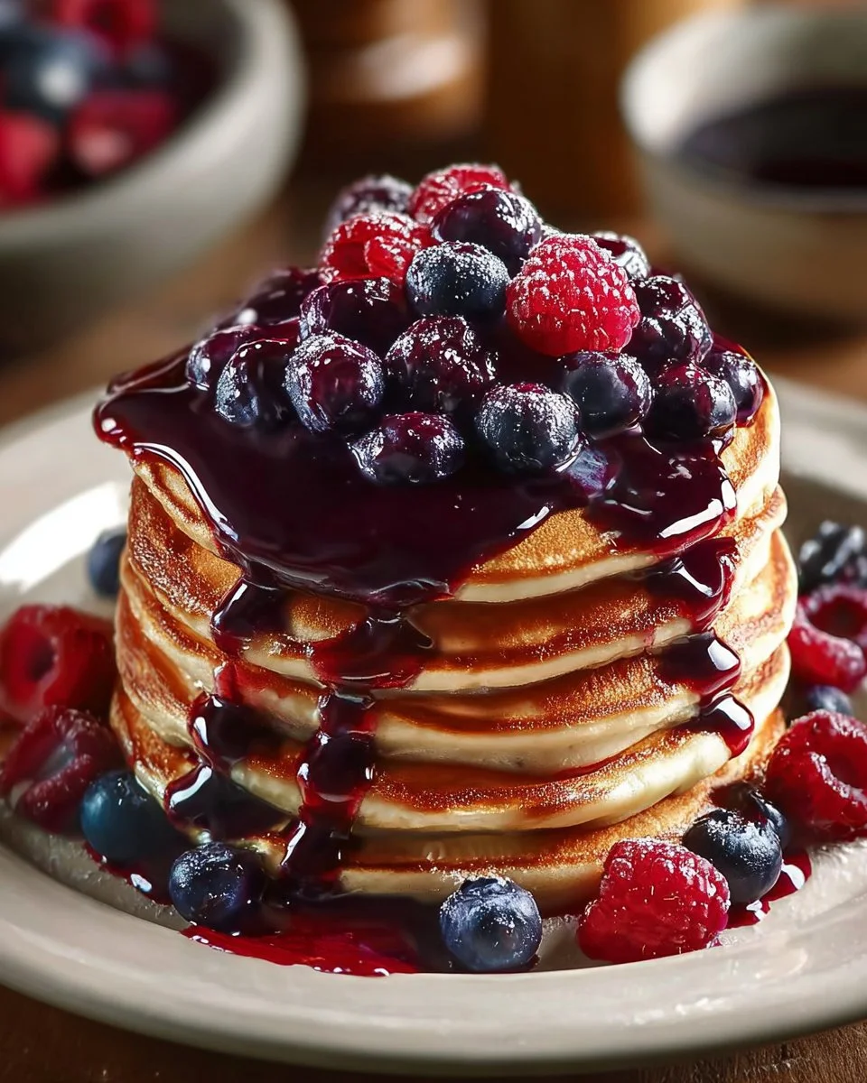Blueberry pancakes drizzled with chocolate ganache and berry sauce on a plate.