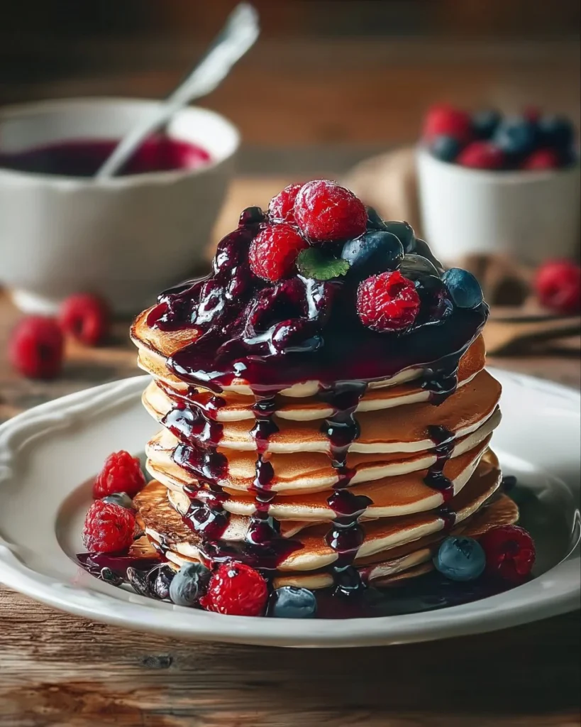 Blueberry pancakes drizzled with chocolate ganache and berry sauce