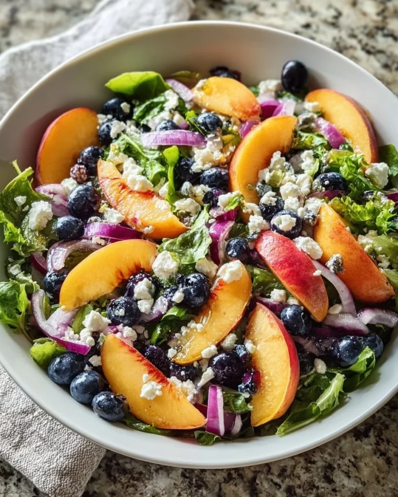 Delicious Blueberry Peach Feta Salad with fresh ingredients and feta cheese.