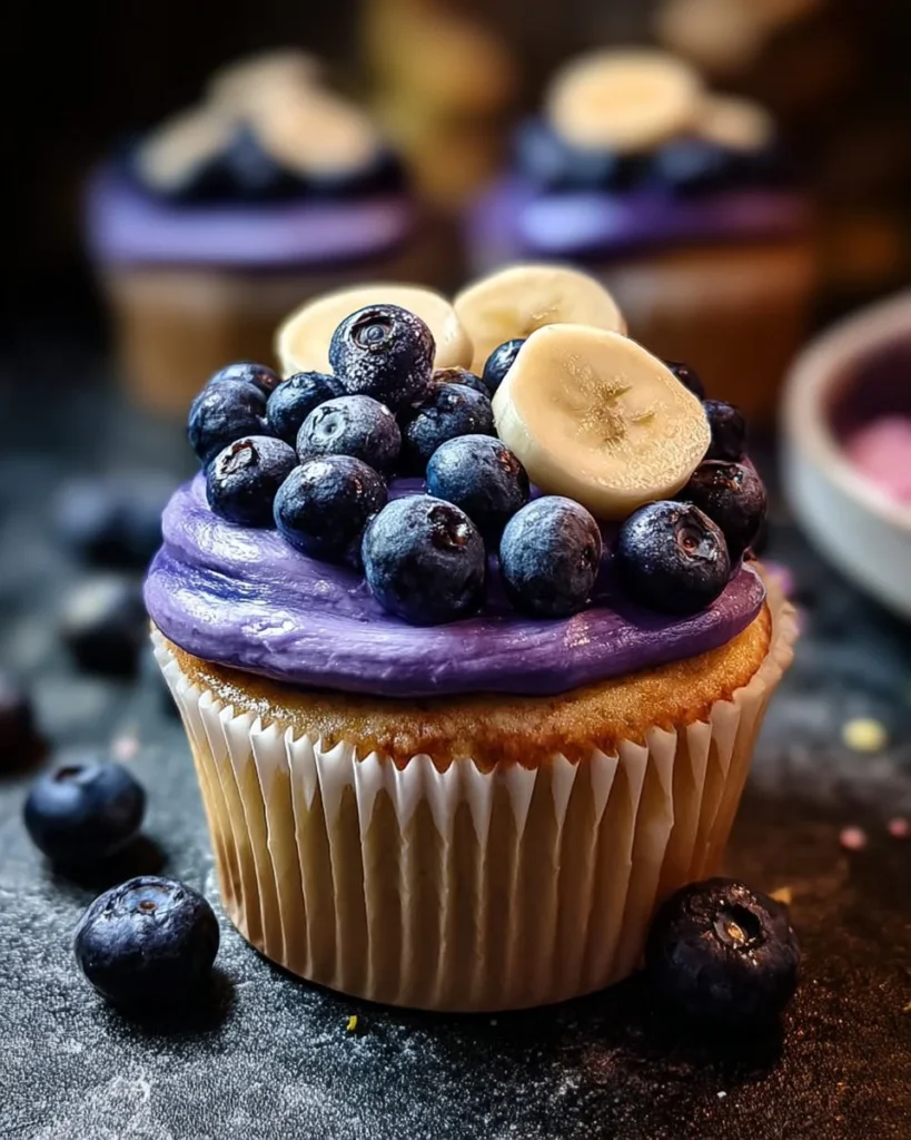 Delicious blueberry pie cupcakes topped with fresh blueberries and icing