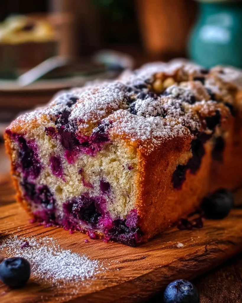 Blueberry rhubarb loaf fresh out of the oven, showcasing its moist texture and vibrant colors.
