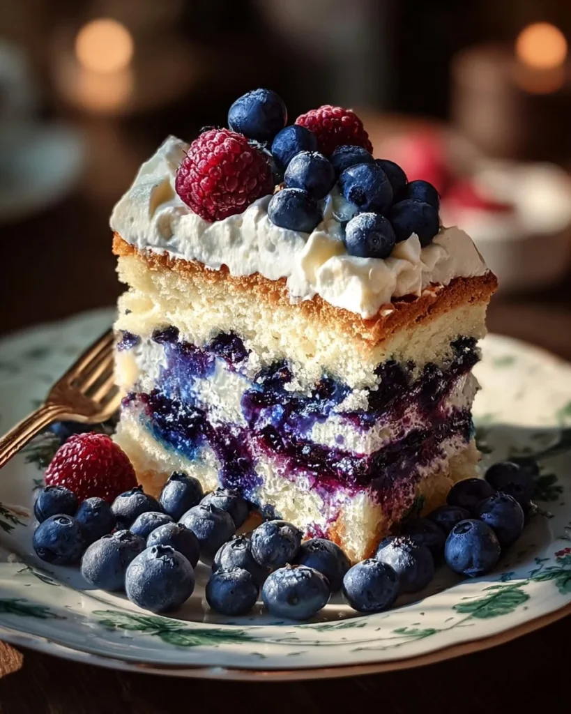 Delicious blueberry shortcake cake decorated with fresh blueberries and whipped cream.