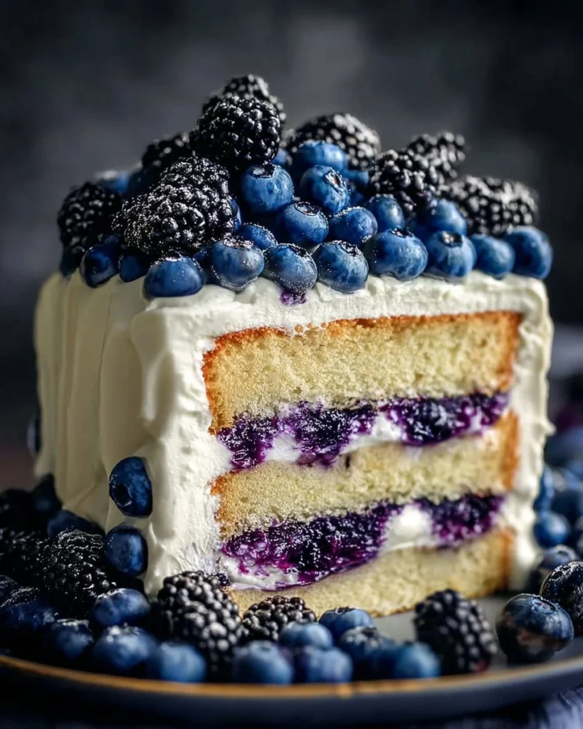 Delicious Blueberry Shortcake Cake topped with fresh blueberries and whipped cream