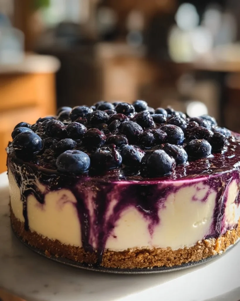 A slice of blueberry swirl cheesecake topped with fresh blueberries.