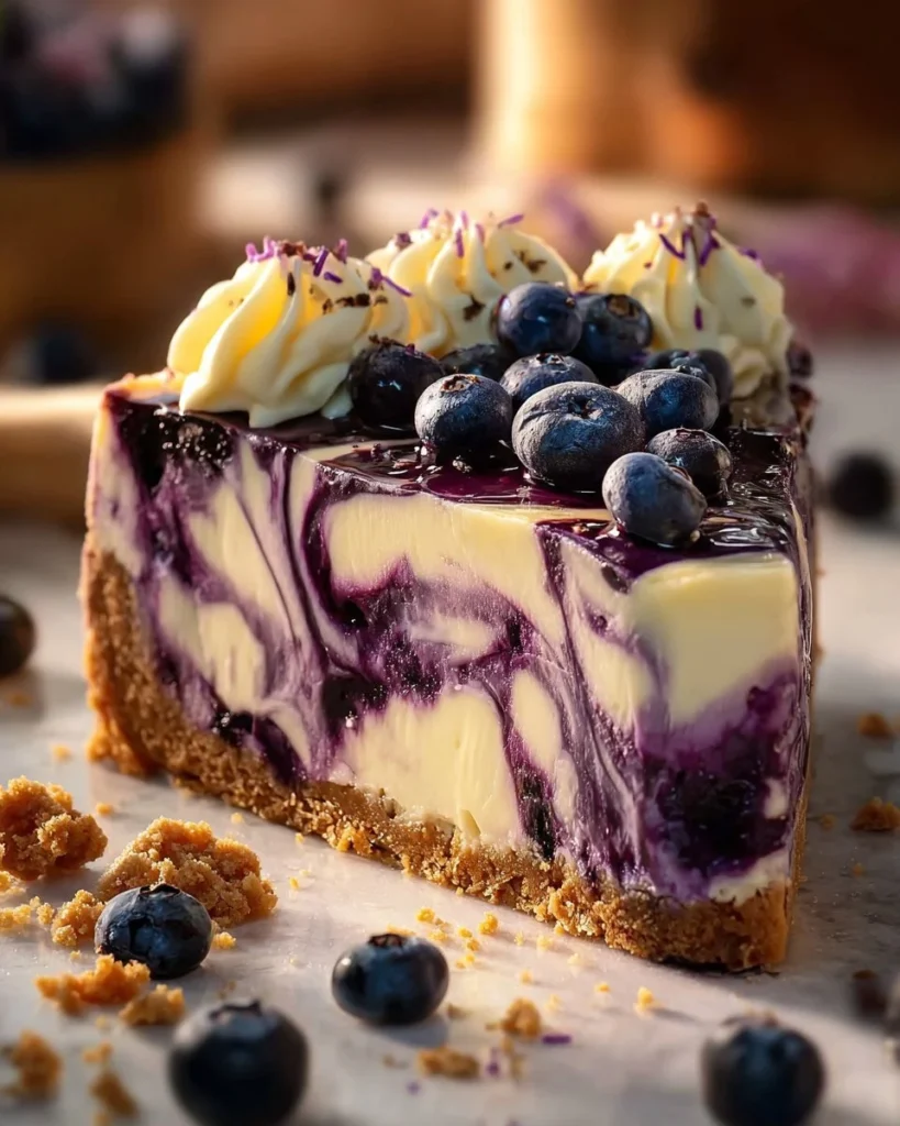 A slice of blueberry swirl cheesecake topped with fresh blueberries.